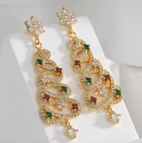 Gold Rhinestone Christmas Tree Star Drop Stud Earrings - Picture 1 of 7